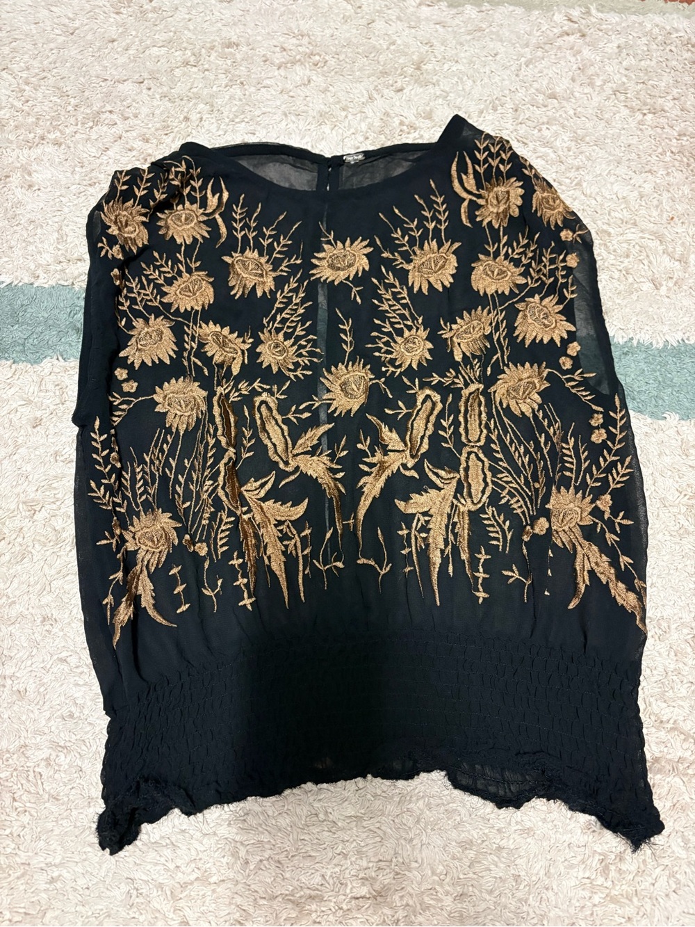 Black Embroidered Floral Sleeveless Top - Gold Detail Sheer